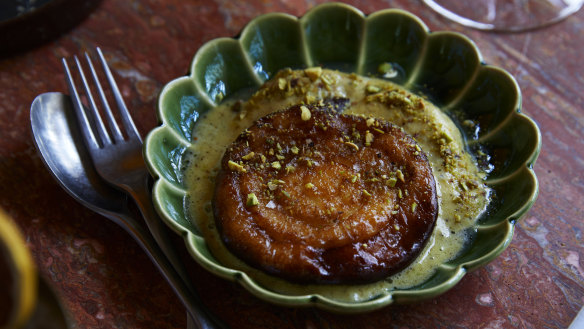 Fried ricotta jilpi with pistachio sabayon.