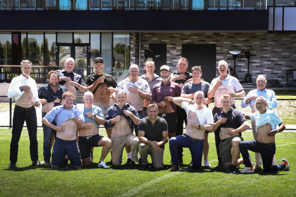 St Kilda teammates show their support for Nicky Winmar at a recent reunion at Moorabbin.

Back Row Standing L-R: Sean Ralphsmith, Brett Bowey, Peter Everitt, Stewart Loewe, Dean Greig, Jamie Shanahan, Justin Peckett, Lazar Vidovic, Robert Harvey, Russell Morris, former president Andrew Plympton.
Front Row Kneeling L-R: Ricky Nixon, Nathan Burke, Dean Anderson, Nicky Winmar, Jayson Daniels, Gordon Fode,  Gilbert McAdam.