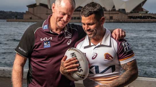 Michael Maguire and Adam Reynolds won a premiership together with South Sydney in 2014. They recreated the picture below for the Herald on Thursday as they look to repeat history, this time with Brisbane.