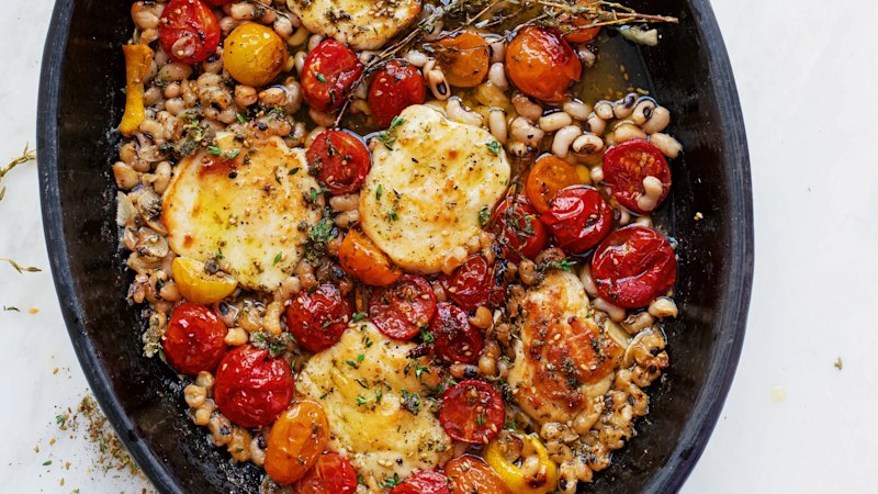 Ottolenghi’s braised halloumi with tomatoes and beans offered as quick meal idea