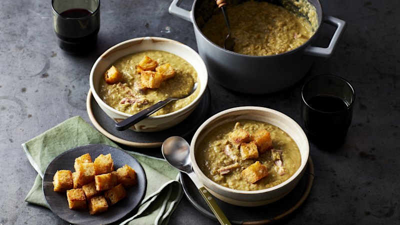 Adam Liaw shares pea and ham soup recipe featuring air-fryer croutons