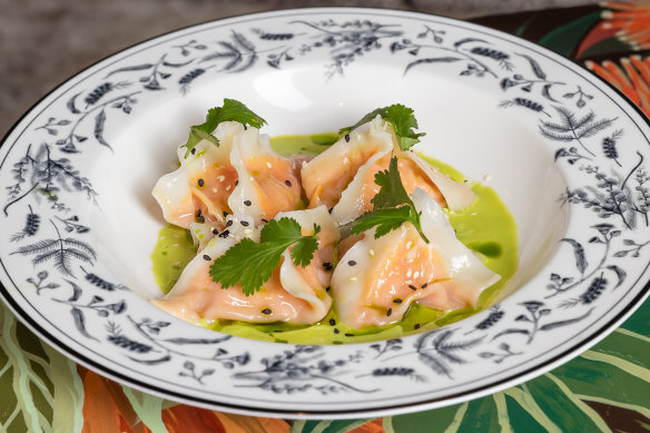 Carrot and miso dumplings with coriander and white soy sauce.