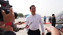 United States Secretary of State Marco Rubio speaks to the journalists before boarding his plane at Indira Gandhi International Airport in New Delhi, India, Monday, May 25, 2026. (AP Photo/Julia Demaree Nikhinson, Pool)