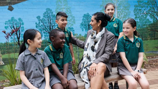 Principal Manisha Gazula with students at Marsden Road Public School in Liverpool.