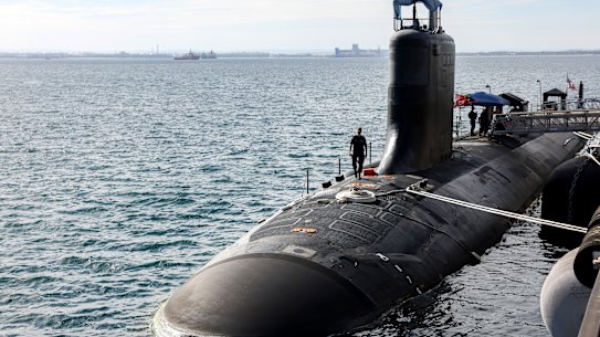 Virginia-class fast attack submarine USS Minnesota docked at HMAS Stirling in February.