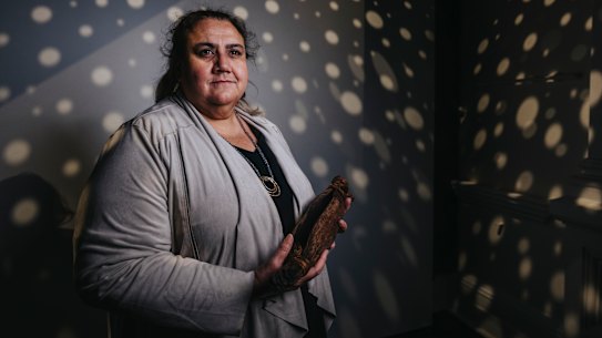 Noeleen Timbery, La Perouse Local Aboriginal Land Council, at the State Library. Adgayawa Nhay Dhadjan Wari (they made them a long time ago), will open to the public on Saturday.  