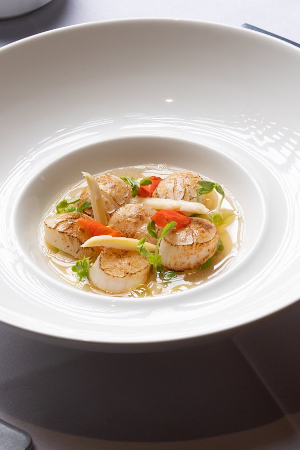 Seared scallops in a tomato consomme with nasturtium petals, pea shoots and white asparagus.