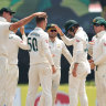 Matthew Kuhnemann of Australia celebrates after taking the wicket of Pathum Nissanka of Sri Lanka during day three of the Second Test match in the series between Sri Lanka and Australia at Galle