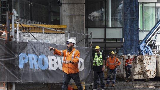 Workers at Probuild’s Ribbon Project site at Sydney’s Darling Harbour on Thursday.
