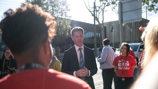 Chris Minns meets with teachers on the campaign trail in March.