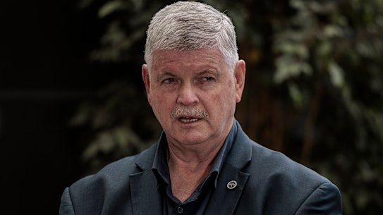 Rail, Tram and Bus Union secretary Alex Claassens addresses the media on Wednesday morning.