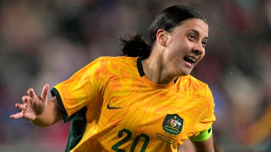 Sam Kerr celebrates a goal for Australia.