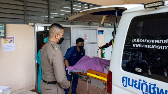 The body of Shane Warne being transported from Koh Samui Hospital mortuary on Sunday.