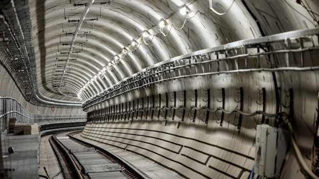 One of the sharpest curves on the new line is a section of rail tunnel between Pitt Street and Martin Place metro stations.