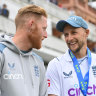 New captain Ben Stokes shares the moment with his predecessor Joe Root.