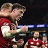 Tommy Freeman celebrates a try for the Lions.
