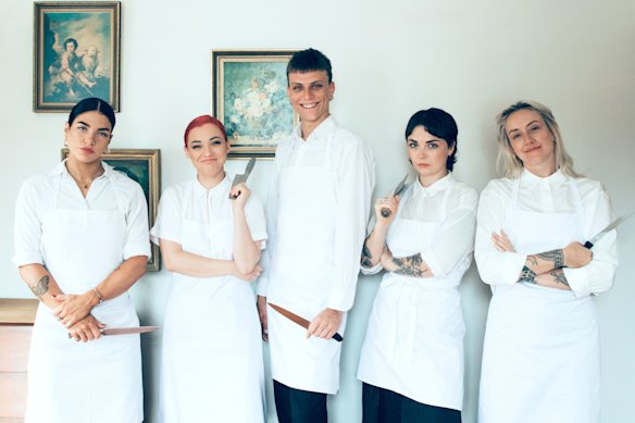 The Sorry Not Sorry Collective (from left): Alex Hooker, Jenna Hemsworth, Reuby Kahl, Brittany Rowe and Rachelle “Rocky” Hair.