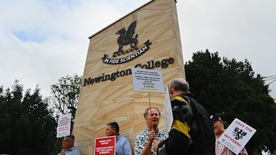 Protesters outside Newington College in Stanmore last month.