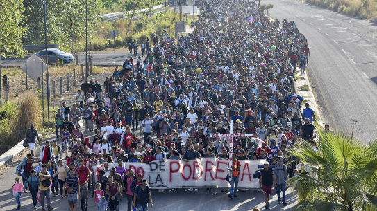 Migrants march north to the US border from Tapachula, Mexico.