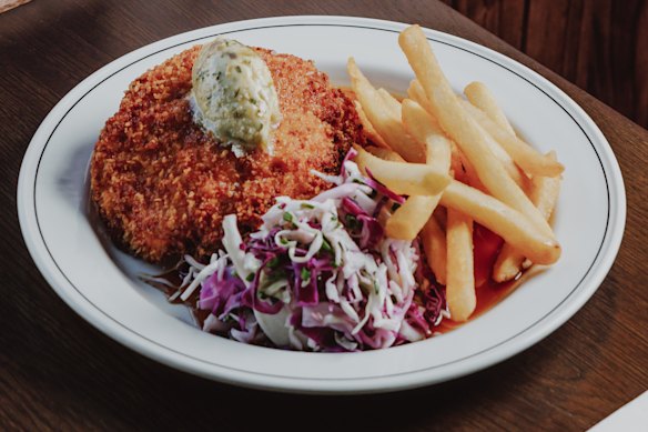 Chicken schnitzel with garlic butter at the Petrel Hotel.
