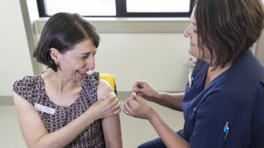 Premier Gladys Berejiklian receives the AstraZeneca vaccine at St George Hospital.