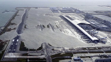 Kansai International Airport is partly inundated following a powerful typhoon in Osaka, western Japan.