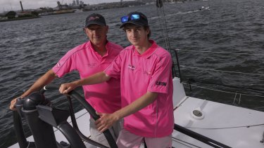 Paul and Zac Heyes prepare for the start of the Sydney to Hobart on Boxing Day. 