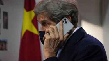 John Kerry, US Special Presidential Envoy for Climate, outside the Chinese delegation office at the COP26 UN Climate Summit in Glasgow, Scotland, on Friday, as negotiations went into overtime.
