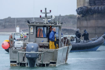 A French fishing vessel blocks the port of Saint Helier in Jersey on Thursday.