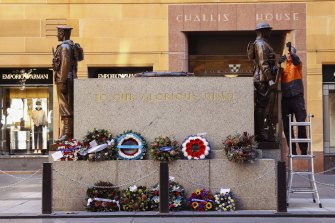 The Cenotaph in Martin Place is repaired on Monday after it was damaged by vandals.