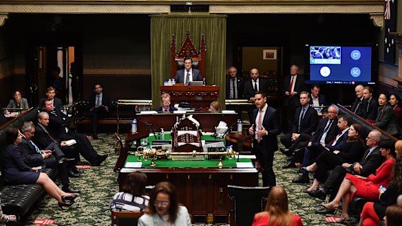 Alex Greenwich speaks during the successful passage of the Voluntary Assisted Dying Bill in NSW Parliament House.