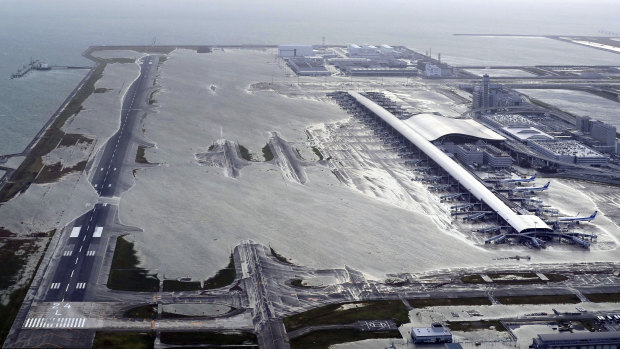 Kansai International Airport is partly inundated following a powerful typhoon in Osaka, western Japan.