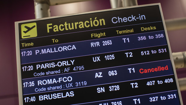A canceled flight listed at Adolfo Suarez-Barajas international airport on the outskirts of Madrid, Spain.