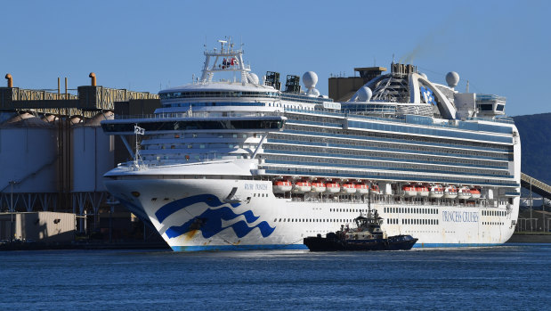 The Ruby Princess docks at Port Kembla, Wollongong, on Monday.