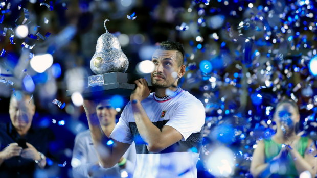 Nick Kyrgios celebrates after winning in Mexico last month.