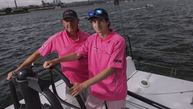 Paul and Zac Heyes prepare for the start of the Sydney to Hobart on Boxing Day. 