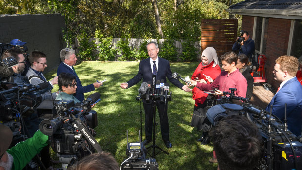 Bill Shorten during his first press conference of the campaign. 