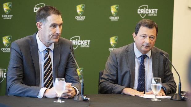 Sutherland (left) and Cricket Australia Chairman David Peever at the announcement on Wednesday.