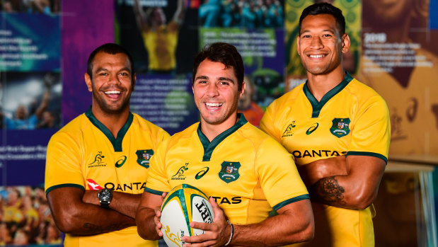 Happier days: Kurtley Beale, left, Nick Phipps and Israel Folau less than a month before Folau's Instagram post sparked outrage. 