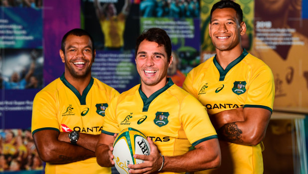 Wallabies and Waratahs team mates Beale, left, halfback Nick Phipps and Folau in March 2019, less than a month before Folau's Instagram post sparked outrage. 