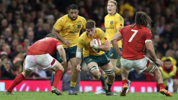Sean McMahon takes the ball into contact in Australia's November tour Test against Wales in 2017.