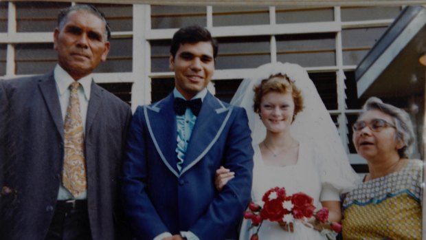 A picture from their wedding day in 1977 showing Jennifer Mundine with Warren Mundine and his parents.