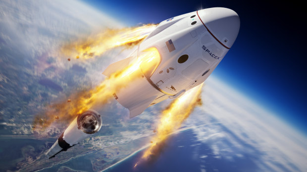 An illustration depicts the company's Crew Dragon capsule and Falcon 9 rocket during the uncrewed In-Flight Abort Test for NASA's Commercial Crew Program.