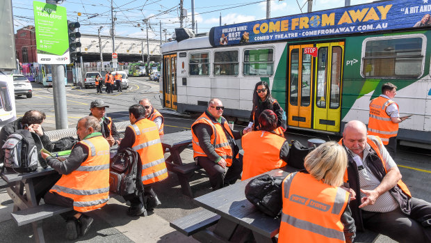 Melbourne tram drivers on strike at the Malvern tram depot in 2019.