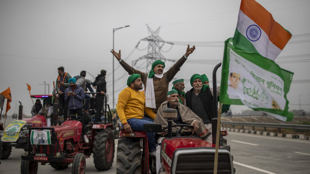 Farmers at a protest against new farm laws at Ghaziabad, on the outskirts of New Delhi. 
