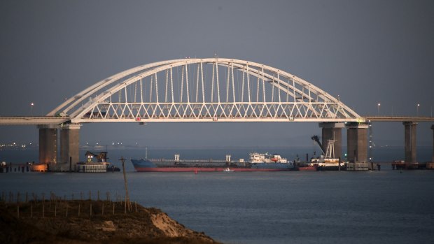 The Kerch bridge is seen blocked for ships entrance, near Kerch, Crimea.