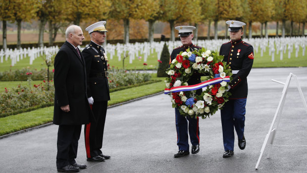 White House Chief of Staff John Kelly, left, and Chairman of the Joint Chiefs of Staff, Marine General Joseph Dunford attending the  ceremony at the Aisne Marne American Cemetery.