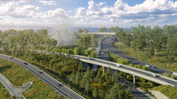 An artist’s impression of a 30-metre-high sculpture that will be the visual centrepiece of the freeway. 