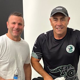 Willie Peters (left) and Shane Flanagan take a breaking from working out in Las Vegas.
