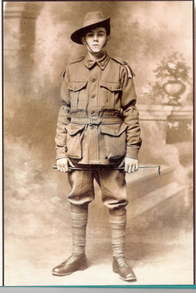 Bernard Haines, of Melbourne, joined up age 15, was badly injured in battle in France in 1917 and died in Caulfield Hospital in 1926 after 41 operations.